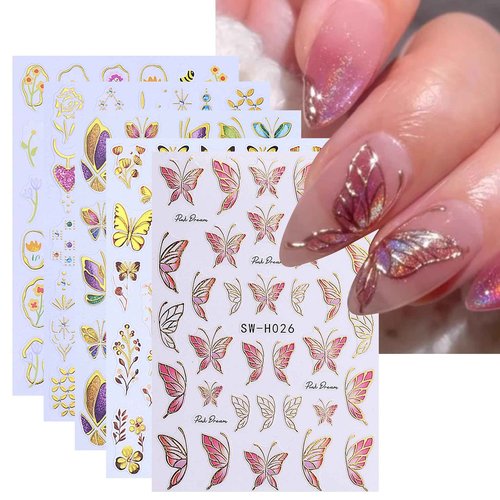 Flower Nail Art Stickers Decals 15 PCS Pink Flower Stickers for Nails with Tweezers 3D Self-Adhesive Summer Cherry Blossom Butterfly Florals Decals Tropical Nail Art Design Decoration for Women
