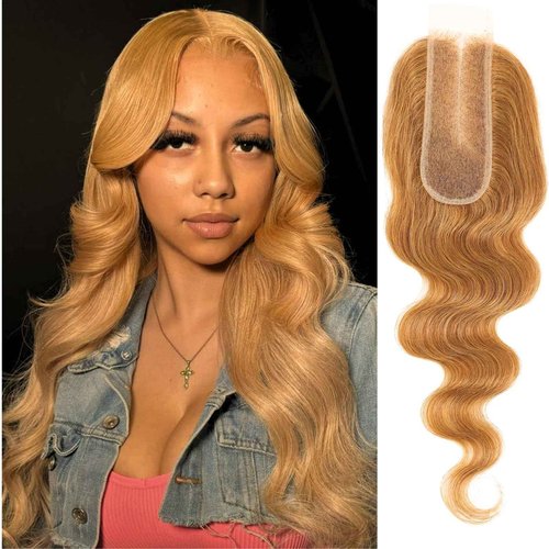 ALHER Long Deep Part 2x6 Lace Closure Honey Blonde Color 27 Body Wave, Sun-kissed Vibe Golden Blonde 2x6 Kim K HD Lace Closure Pre Plucked With Baby Hair, 12A 100% Virgin Remy Human Hair Closure 14 IN