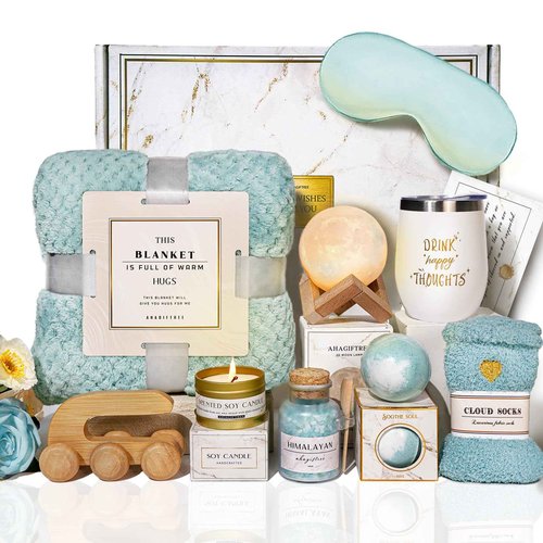 Birthday Gifts for Women Self Care Gifts Get Well Soon Gifts Baskets for Women After Surgery with moon lamp, 11PC Spa,Thinking of You Gift, Care Package for Mom Friend (turquoise)