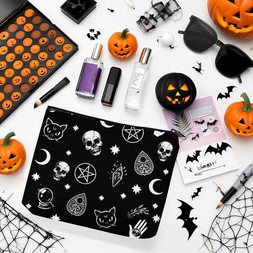 Franala Halloween Makeup Bag Gothic Skull Cat, Large Capacity Portable Toiletries with Lined, Goth Zipped Cosmetic Bag Pouch for Women, Travel Shopping Accessories Birthday Gifts