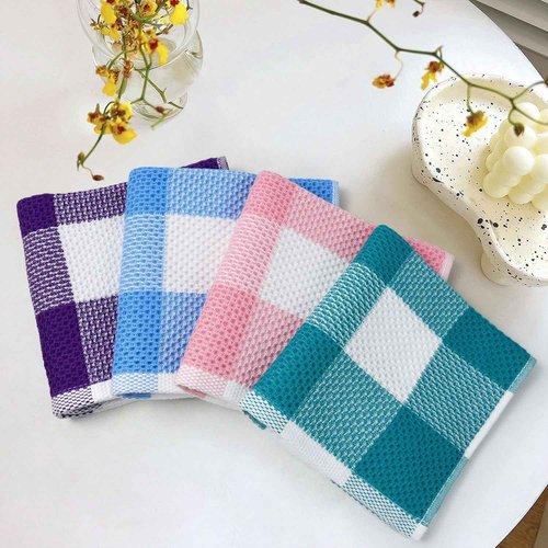 Checkered Washcloths 12 Pack – 100% Cotton Face Towels for Family Use, Quick-Dry & Soft, 13 x 13 in, Bathroom Towels in 4 Colors