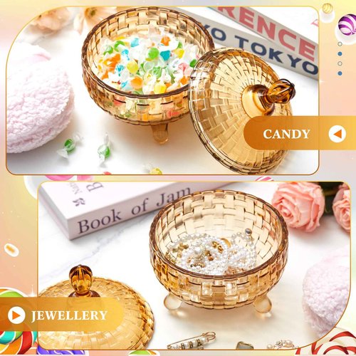Tioncy 2 Pcs Extra Large Dusting Powder Puff and Container for Women-5.43'' Glass Crystal Dusting Powder Container with 5.91'' Body Soft Washable Reusable Velour Face(Amber,Weave Design)