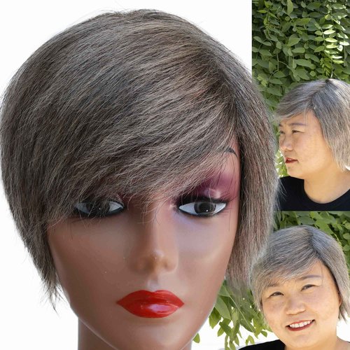 LSXCSM Salt and Pepper Human Hair Wig Short Pixie Cut Wigs with Bangs for Older Black Women Grey