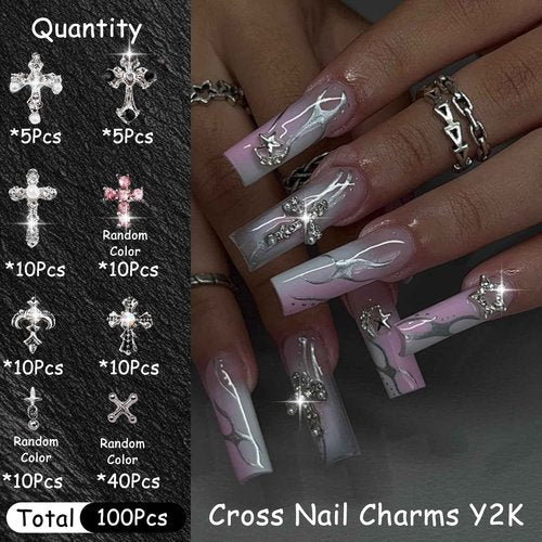 ZUMILLMN 100pcs Cross Nail Charms, 3D Nail Decorations for Nail Art, Pearl Gems Diamond Nail Decor, Metal Alloy Crystal Rhinestones Nail Studs for Women Girl DIY Jewelry Cellphone Crafts（100pcs）