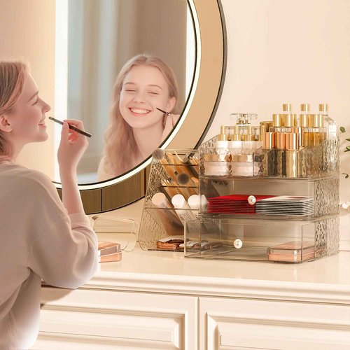 Awelov 3 Tier Makeup Organizer for Vanity with Brush Holder Countertop Organizer with 2 Drawers Clear Makeup Storage for Brushes, Lipsticks, Face Mask Skin Care Storage Solution for Women & Teens