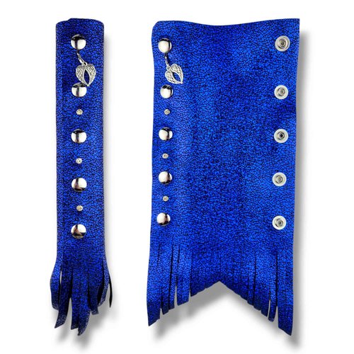 BLUE Glitter Leather Hair Wrap 6" inch to 22" - Handmade Ponytail Sleeve Long Hair Protector Frizz Saver | Colorful Bike Hair Tie Motorcycle Helmet Accessory Fringe & Crystals Made in USA (8 inch)
