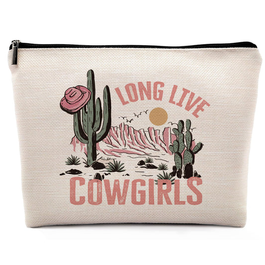 Dwept Long Live Cowgirls Cosmetic Bag, Pink Retro Western Cowgirl Hat Desert Cactus Makeup Bag Zipper Cosmetic Pouch Bag Travel Linen Makeup Organizer, Preppy Gifts for Teen Girls Women Cowgirls