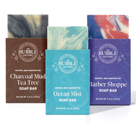 The Bubble Factory Handmade Natural Bath & Body Soap Bar, Vegan, All-Natural, Palm Oil Free, Made in USA with Shea Butter + Essential Oils, Barber Shoppe/Charcoal Mud Tea Tree/Ocean Mist, 3 Bars