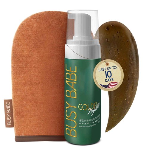 Busy Babe Self Tanner - Golden Nights Express Rapid Dark Tanning Mousse - Deeper Sun-Kissed Glow with Mitt - Vegan, Cruelty-Free, Instant Tan, Self Tanning Mousse Pump - 7.2 oz, No Orange Hues