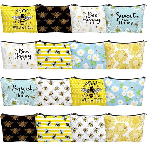 Bulyoou 16 Pcs Funny Bee Cosmetic Bags Stuff Bulk Honey Queen Bee Inspirational Gift Makeup Bags Zipper Pouch for Women Beekeeper