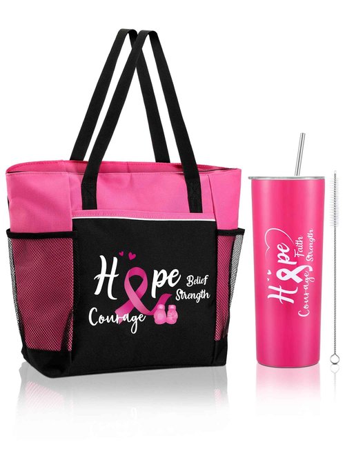 Paterr 2 Pack Breast Cancer Awareness Gifts Chemo Bags and Totes Chemo Care Package for Women Breast Cancer Accessories(Classic Pink,Breast Cancer)