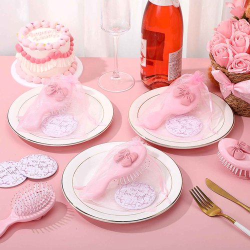 Wonderjune 24 Set Coquette Bow Party Favor Compact Mirror Pink Mini Hair Brush Organza Bag Inspirational Aesthetic Preppy Gift for Women Christmas Birthday Bridal Baby Shower Wedding Party Decoration