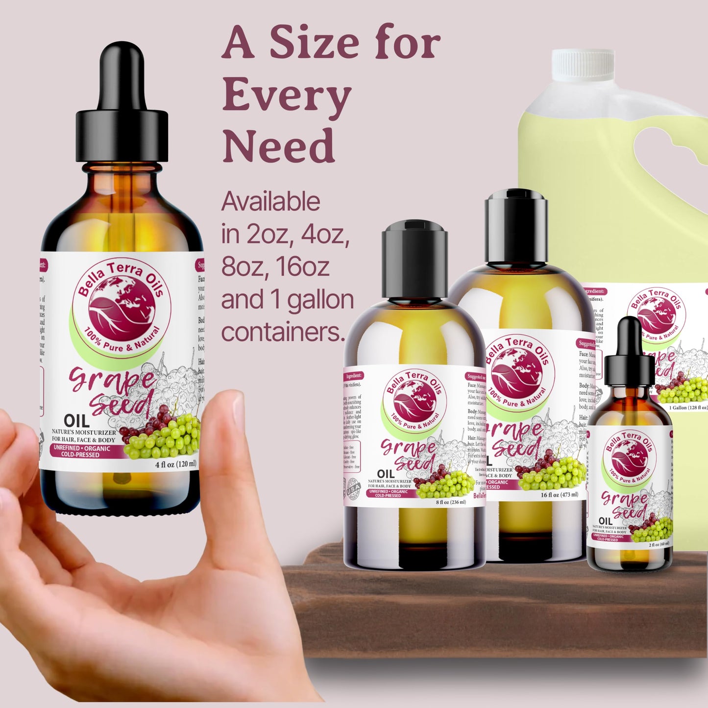 Bella Terra Oils - Organic Grape Seed Oil 2oz - A Symphony of Vitamins & Fatty Acids, Cold-Pressed, Unveiling Organic Grape's Skin-Enriching Secrets