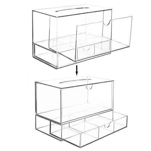 MyGift Modern Clear Acrylic Facial Tissue Dispenser Holder with Pull-Out Drawer for Makeup Cosmetics and Accessories, Vanity Countertop Bathroom Supplies Caddy