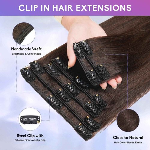 ZNXDJXE Dark Brown Clip in Hair Extensions Real Human Hair Invisible Seamless Remy Human Hair Clip in Extensions for Women 18 Inch 100g, 8pcs Per Set with Double Weft