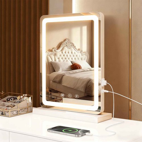 Vanity Mirror with Lights, 13"x17" LED Makeup Mirror with 3-Color Dimmable Lighting, Smart Touch Control, Memory Function, Tabletop Lighted Mirror for Bedroom, Dressing Room