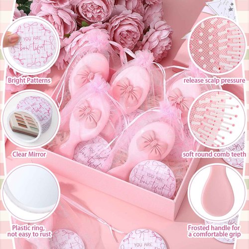 Wonderjune 24 Set Coquette Bow Party Favor Compact Mirror Pink Mini Hair Brush Organza Bag Inspirational Aesthetic Preppy Gift for Women Christmas Birthday Bridal Baby Shower Wedding Party Decoration