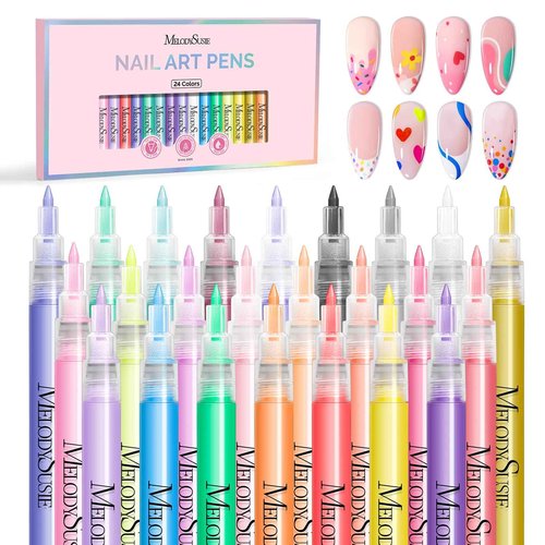 MelodySusie Nail Art Pens Set, 24 Colors 0.7MM Nail Polish Pens for Nail Art, Nail Dotting Tool, Drawing Pen for Nail Design, Manicure Nail Pens for Salon and DIY at Home