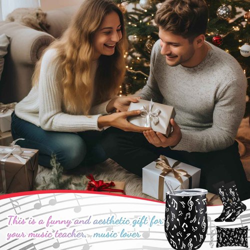 Sliner 4 Pcs Music Lover Gifts for Women Men Christmas Music Teacher Gifts Musical Note Wine Tumbler Socks Makeup Bags Keychains for Choir Marching Band Musicians Singers Gift Accessories(Black)