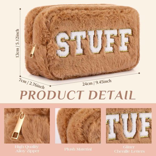 Paterr 4 Pieces Preppy Makeup Bag Chenille Letter Faux Fur Fluffy Bag Preppy Stuff Face Skin Hair Stuff Cute Toiletry Cosmetic Travel Bags Pouch with Zipper for Girls Women(Pink Brown)