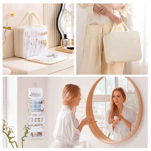 HBlife Travel Toiletry Bag with Jewelry Organizer for Women, Puffy Hanging Travel Bag for Toiletries with Trolley Belt, Waterproof Makeup Cosmetic Bag, Travel Accessories Essentials(Beige, L)