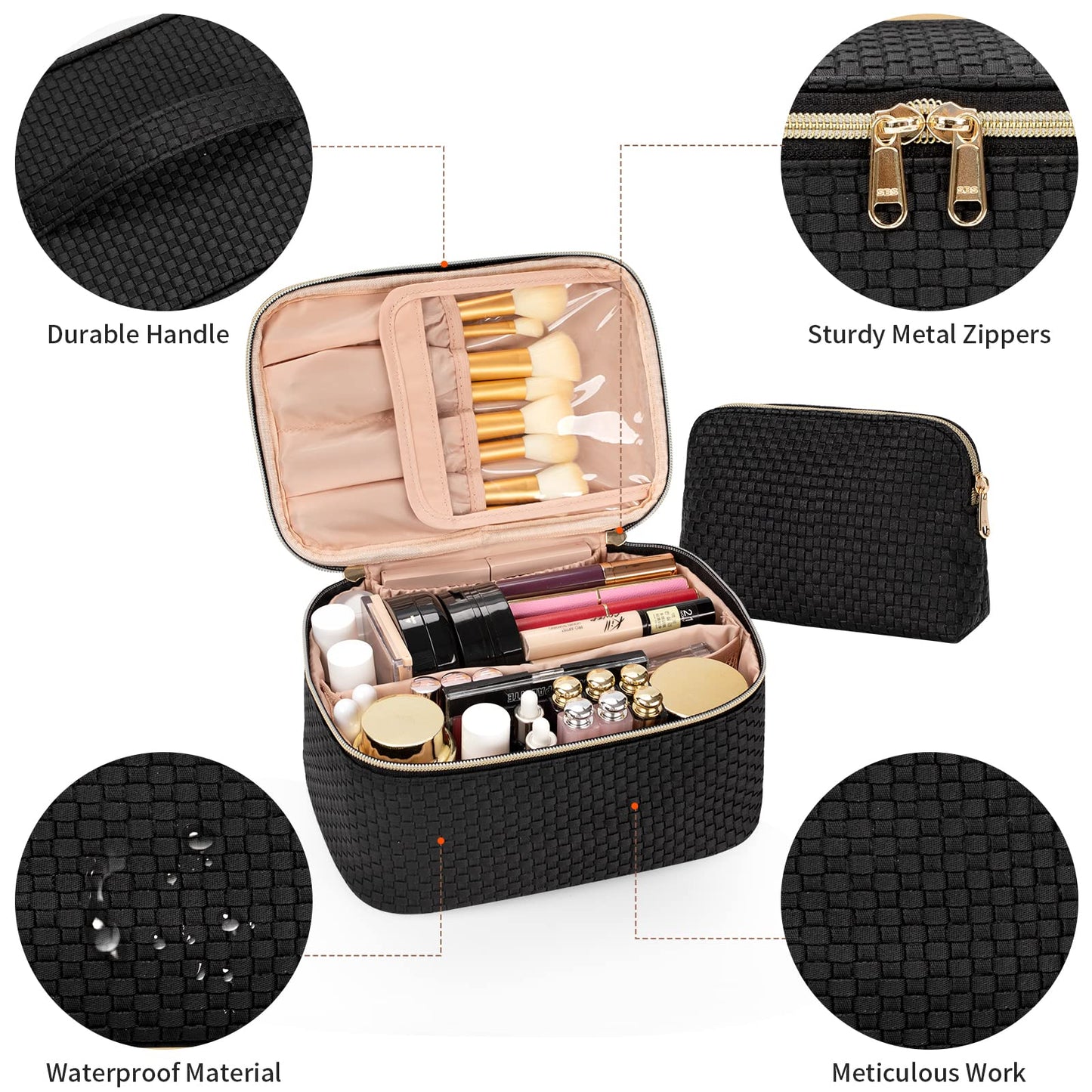 OCHEAL Makeup Bag Set of 2, Large Makeup Bag Organizer & Small Cosmetic Bag Multifunctional Make Up Bags Cosmetics Toiletry Brushes Storage Pouch for Women Girls Makeup Case -Black Braided