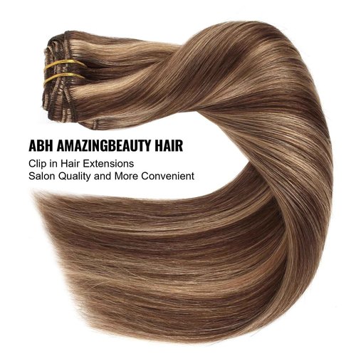 ABH AMAZINGBEAUTY HAIR Clip in Hair Extensions Real Human Hair Chocolate Brown Mixed to Dark Blonde Hair for Fashion Women Virgin Highlights Clip in Hair Double Wefts Silky Straight 90G 8Pcs 16 Inch