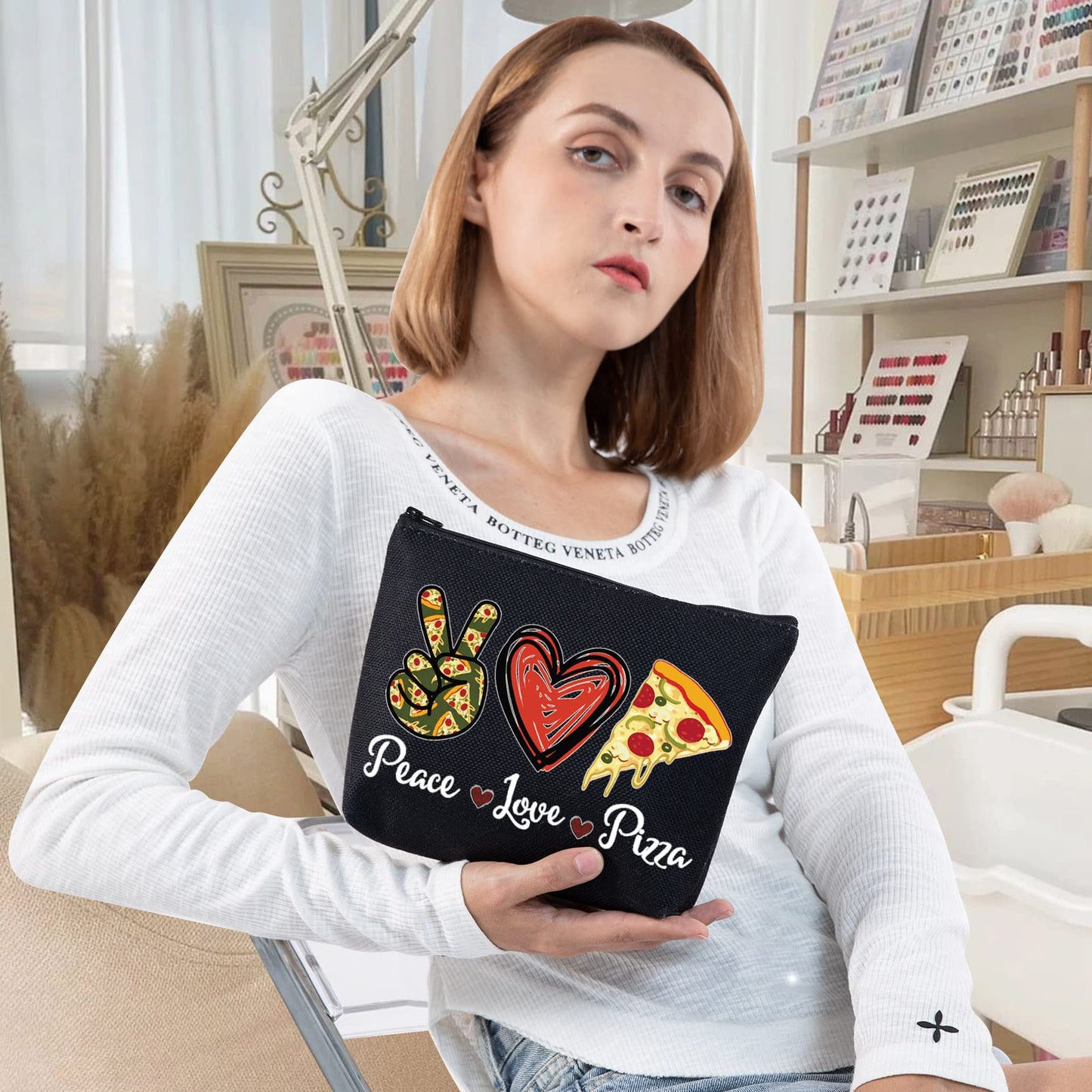 LEVLO Funny Pizza Cosmetic Bag Pizza Lover Gift Peace Love Pizza Makeup Zipper Pouch Bag Pizza Party Gift (Peace Pizza Black)