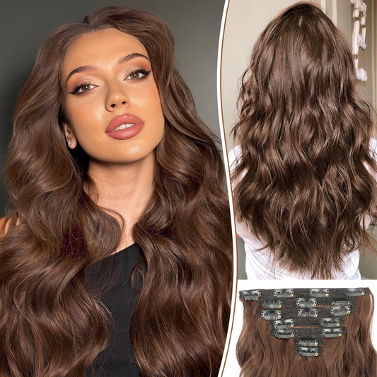 KooKaStyle Hair Extensions, 7PCS Clip in Hair Extension, 20 Inch Chestnut Brown Long Wavy Natural Soft Thick Hairpieces for Women