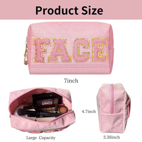 SEAMOON Pink Cosmetic Bags - 2 Pcs Corduroy Chenille Pink Letter Bag, Make Up Bag for Teens & Women, Ideal for Travel & Gifts