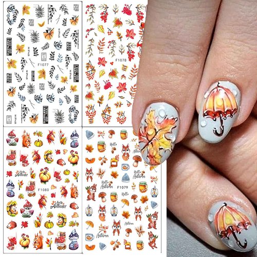 Fall Maple Leaf Nail Stickers - 3D Self-Adhesive Autumn Nail Art Decals with Squirrel & Pumpkin Designs, Thanksgiving/Halloween Nail Supplies for Women Girls, 4PCS DIY Manicure Stickers