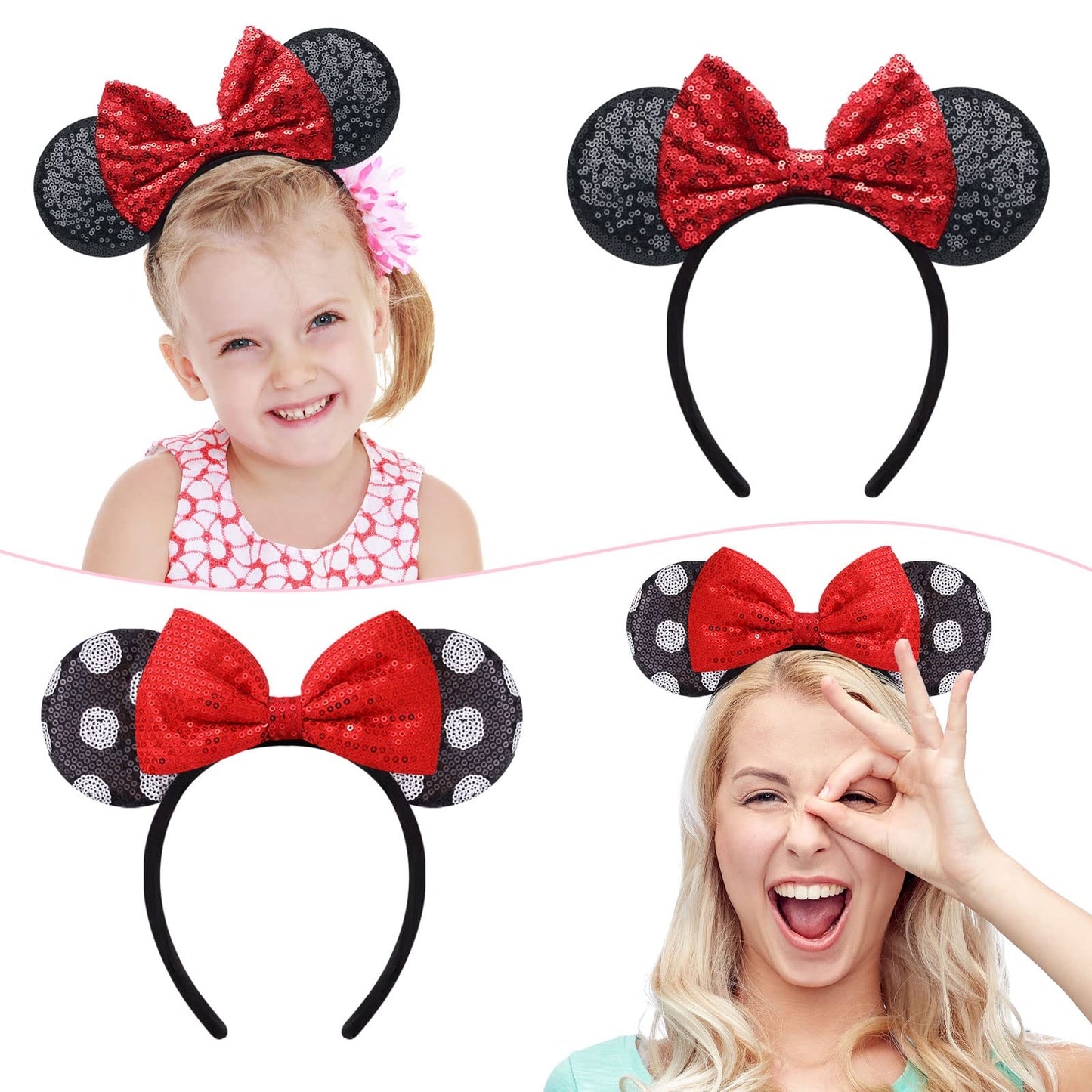 Urbun Mouse Ears Headbands,2 PCS Minnie Ears Headband,Shiny Sequin Bow Headbands Glitter Party Decoration,Birthday Party Cosplay Costume for Girls & Women