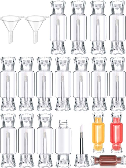 Blulu 20 Pieces Empty Lip Gloss Tubes with Wand 9 ml Mini Clear Candy Shape Lip Balm Tube Containers and 2 Pieces Funnel for DIY Cosmetics Women