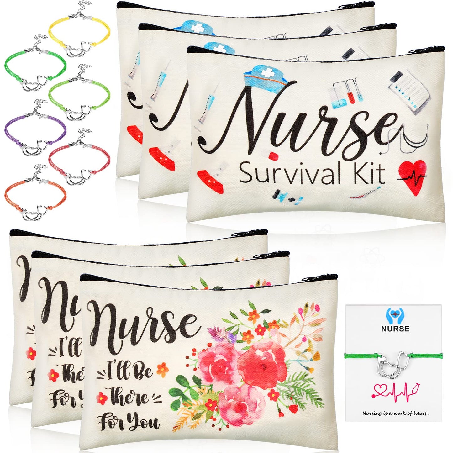 12 Pcs Nurse Appreciation Gift Kit Include 6 Pcs Nurse Canvas Makeup Bag Nurse Canvas Cosmetic Pouch and 6 Pcs Nurse Blessing Card Bracelet Nurse Charms Bracelet for Nurse Student (9.1 x 5.9 Inch)