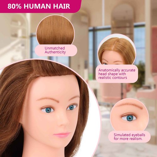 Mannequin Head with 80% Human Hair & Adjustable Manikin Head Tripod - 28" Cosmetology Practice Doll for Hairdresser (28 Inch-Tripod Set with Styling Tools)