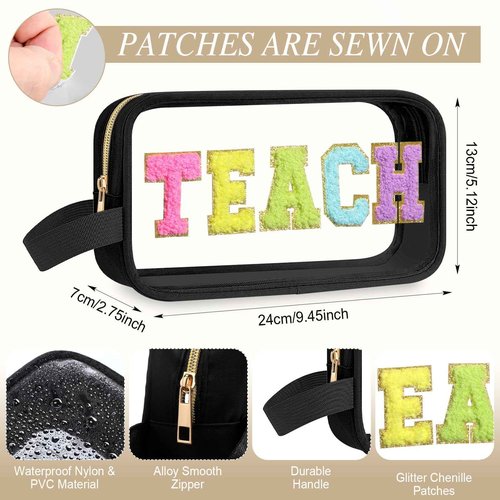 Kacctyen Teach Bag Pouch Teacher Gift Survival Kit Bag Clear Makeup Chenille Letter Cosmetics Nylon Toiletry Waterproof Makeup Travel Pouch Teacher Stuff for Women