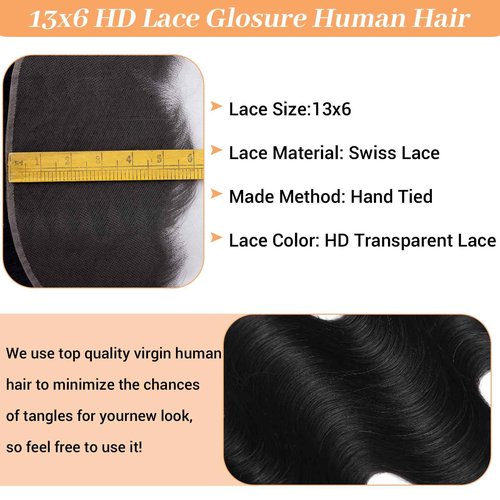 HD Lace Frontal 13x6 Transparent Ear to Ear Body Wave Frontal Human Hair 100% Unprocessed Virgin Lace Closure Human Hair Pre Plucked with Baby Hair 150% Density 12 Inch