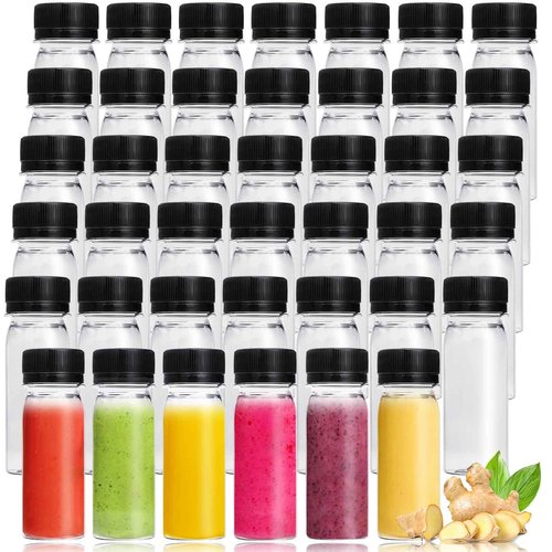 Xuyyicao 60 Pcs 2 Oz Small Plastic Bottles for Liquids,Ginger Shots Bottle with Cap,Mini Travel Containers for Juice,Liquids,Whiskey,Milk(Black)