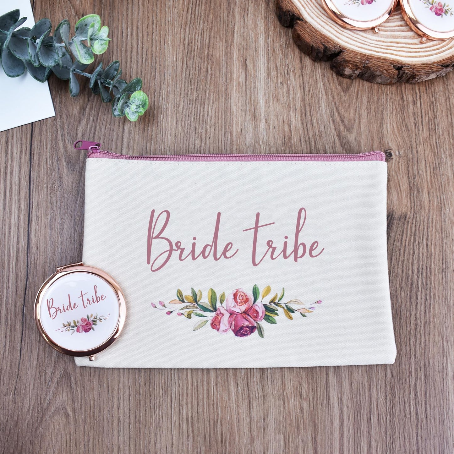 CARAKNOTS 2 Pcs Bride Tribe Gifts Bride Tribe Makeup Bag Wedding Bachelorette Party Gifts for Bride Tribe Bridal Shower Gifts for Team Bride Cotton Cosmetic Toiletry Bag with Compact Mirror