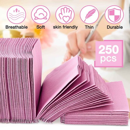 Newwiee 250 Pcs Disposable Nail Table Towels Mat, 13'' x 18'' Patient Bibs 3 Ply Waterproof Tattoo Bibs Nail Towels Paper Tray Covers Clean Pads Tattoo Supplies (Pink)