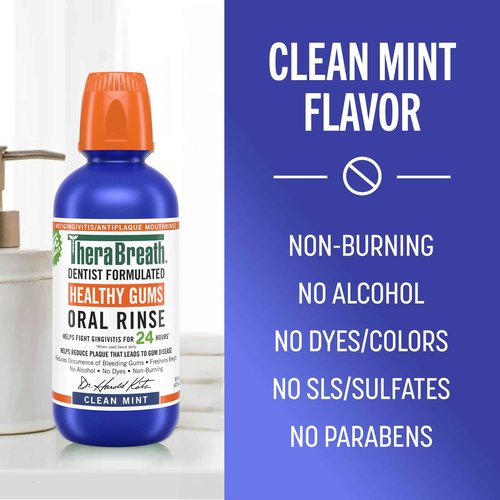TheraBreath Healthy Gums Oral Rinse, Antigingivitis, Clean Mint Flavor, Dentist Formulated to Help Prevent Gingivitis and Support Gum Health, Alcohol Free, 1 Liter