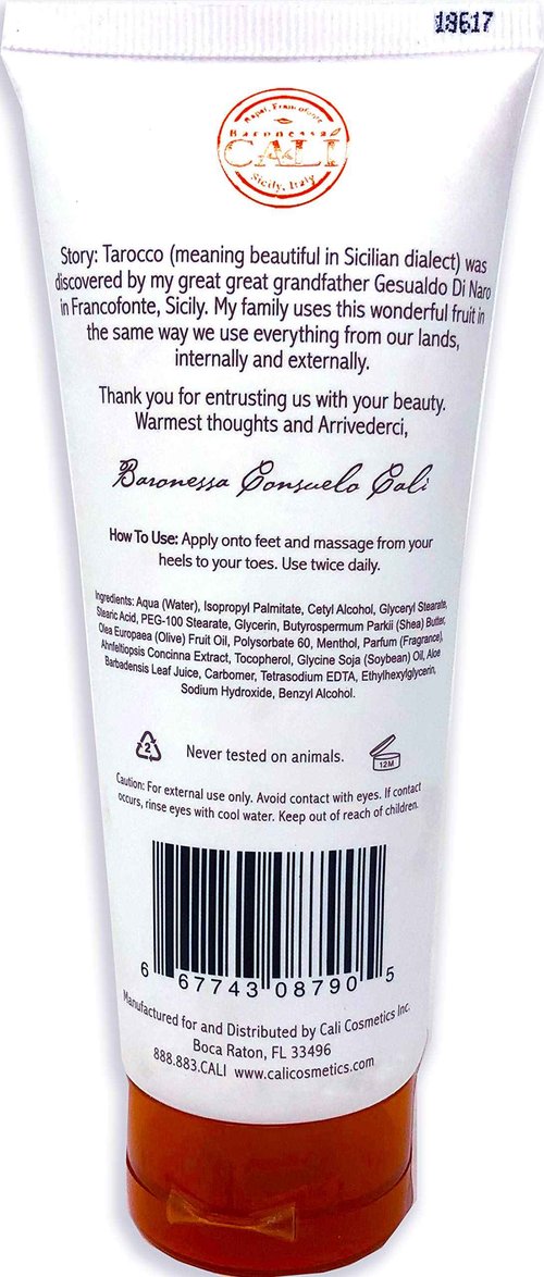 Baronessa Cali Tarocco Sicilian Blood Orange Foot Cream - Refreshing and Moisturizing - 4 Ounce