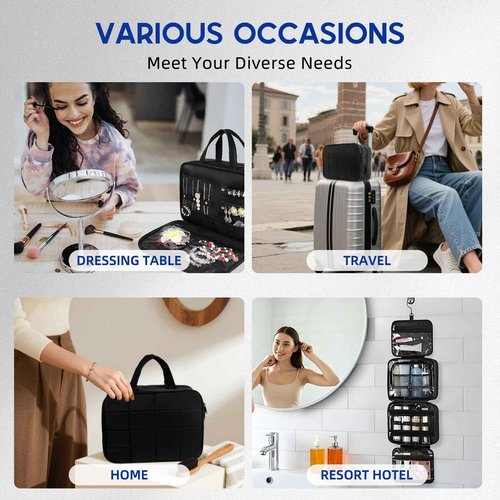 CONBOLA Travel Toiletry Bag Hanging Toiletry Makeup Bag with Jewelry Pockets, Cosmetic Storage Pouch,Jewelry Organizer for Rings Bracelets, Necklaces，Necklace Vacation and Travel Essentials.(Black)