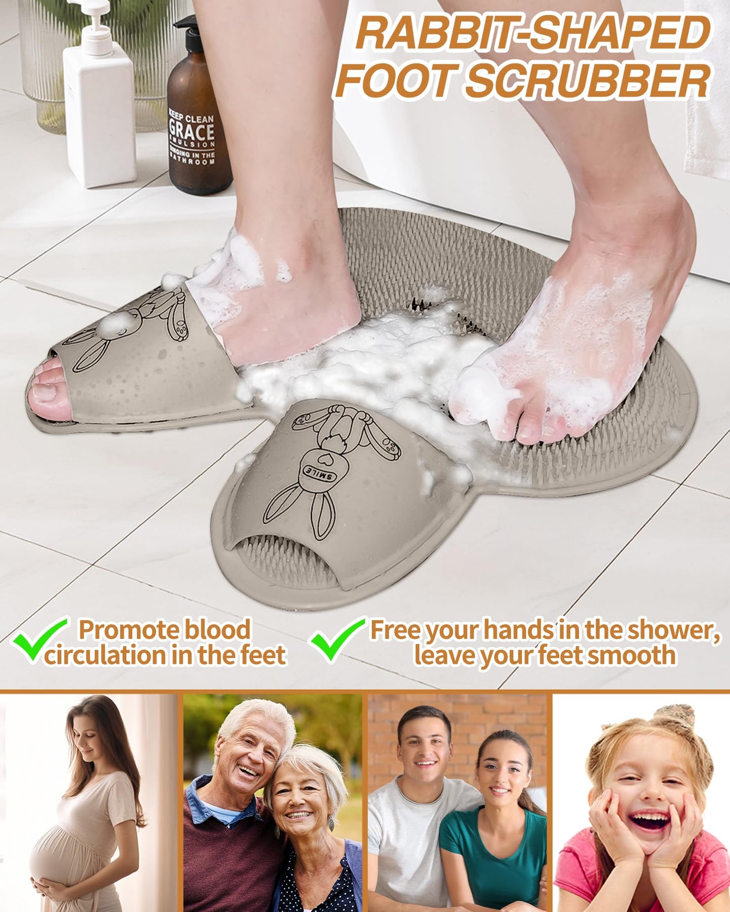 Manmihealth Upgrade Shower Foot Scrubber Mat with Non-Slip Suction Cups, Rabbit-Shaped Silicone Foot Scrubber in Shower for Men & Women (Khaki)