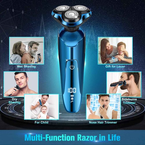 Electric Razor for Men, Cordless 3D Rotary Head Shavers for Men Face, Wet/Dry Waterproof, LED Display, Ideal Gift for Husband/Dad/Boyfriend (Blue)