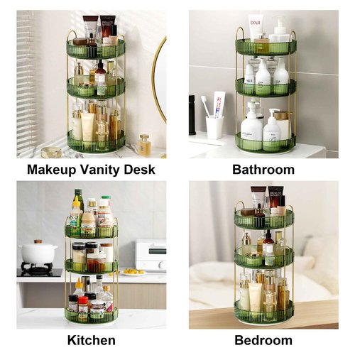 Weidace 360 Rotating Makeup Organizer for Vanity, Bathroom Countertop Spinning Perfume Organizer, High-Capacity Cosmetic and Skincare Dresser Make Up Holder Rack (3 Tiers, Green)