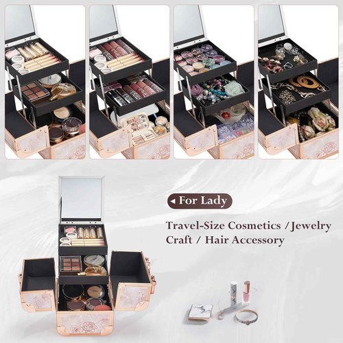 Costravio Makeup Case Train Case Portable Makeup Box with Mirror Lock Box Travel Cosmetic Train Cases Hard Make Up Organizer for Girls Nail Craft Storage Vanity Rose Gold Flower