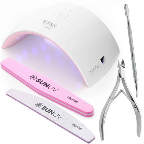 SUNUV UV LED Nail Lamp with 4PCS Cuticle Nippers, Cuticle Pusher with Nail File and Buffer Set, Professional Stainless Steel Durable Pedicure Manicure Nail Care Tools