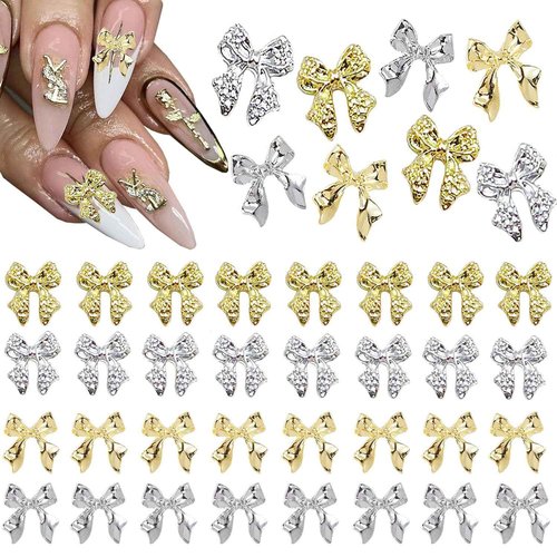 Bow Nail Charms,40pcs Gold and Silver Nail Charms Bowknots Nail Art Charms Bow Charms for Nails Design