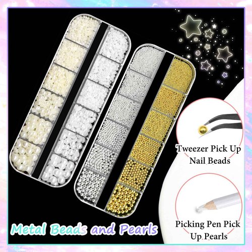 RODAKY 2 Boxes Metal Nail Beads and Flatback Pearls,Metal Silver & Gold Beads Nail Supplies Small Round Caviar Beads Nail Gems,White & Beige Half Pearl for Nail Jewelry DIY Nail Art Décor